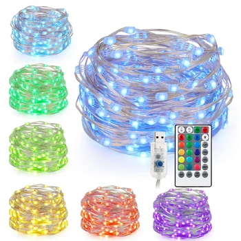 16color LED Streng Lys eksternt USB BATTERI RGB LED Kobber Wire Lampe Vanntett Garland Fairy Lys juletre Dekorasjon