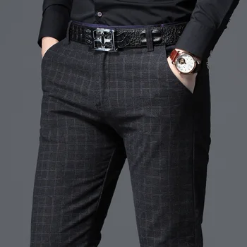 2020 Nye Menn Casual Rutete Bukser Business Casual Slim Fit Svart Blå Klassisk Stil Elastisk Bukse-Mannlige Merke Klær