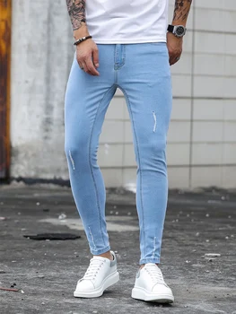 2023 Nye Menn Strekke Skinny Jeans Mannlige Designer Elastisk Scratch Denim Blyant Bukser Jeans Streetwear Himmelen Blå Mote Jeans