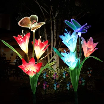 3 Hodet Led Solar Lily Blomst, Sommerfugl Dragonfly Hage Lampe 7 Fargen Endrer Belysning Lily Rose Lys Plen Lampe Landskap Innredning