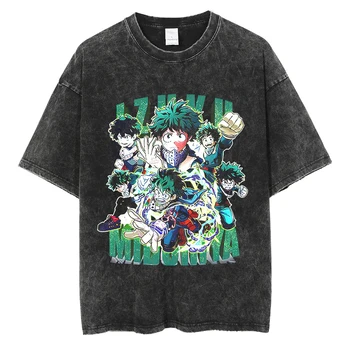 Anime Helten Min Akademia Tshirts Deku Ut Vintage Vasket 100% Bomull Sommer-T-Skjorte Harajuku Mote Streetwear Unisex Top Tee