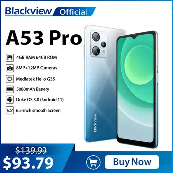 Blackview A53 Pro Ny Smarttelefon 4 GB til 64 gb 6,5 Tommers Android 12 Mobiltelefon Octa Core Mobiltelefon 5080mAh 4G Dual 12MP Bakre Kamera