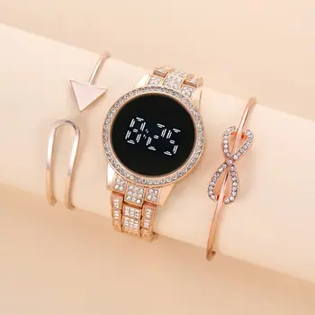 Damer LED Elektronisk Klokke Sett med Diamant Armbånd Full Diamond Watch A08537