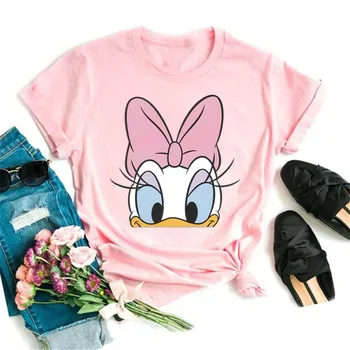 Disney Mote Søte Daisy Duck Tegneserie Ut Uformell Kvinner Rosa T-Skjorte O-Hals Topper Korte Ermer Løs T-Skjorte
