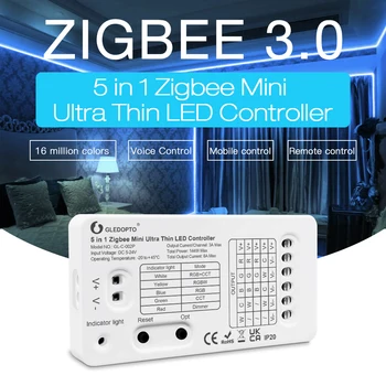 Gledopto Zigbee Mini Ultral Tynne 5-i-1-LED Strip-Kontrolleren DC5V-24V Kompatibel Med Tuya APP Amazon Stemme 2.4 G Fjernkontroll