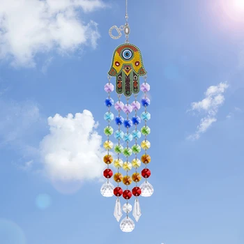 H&D Hamsa Hånd av Fatima Onde Øyet Anheng Chakra Krystaller Suncatcher Rainbow Maker Hjem Veggen Hengende Ornament Beskyttelse Gave