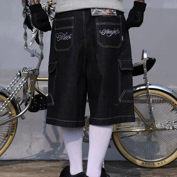 Hip Hop Sommer Floral Broderi Posete Over Kneet Jeans Shorts for Menn Vintage Bredt Etappe Lommer Overdimensjonert Denim Fem Poeng Bukser