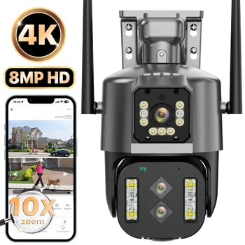 IP-Kamera Utendørs 8MP 4K HD-10X Optisk Zoom, WiFi-PTZ-Kamera Tre Objektiv to Skjermer Automatisk Sporing Lyd Sikkerhet CCTV Kamera