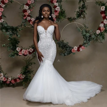 KapokDressy Afrikansk Kjæreste Mermaid Wedding Kjoler 2023 Nyeste Stroppeløs Beaded Blonder Bryllup Gowns Applikasjon Brude Kjoler