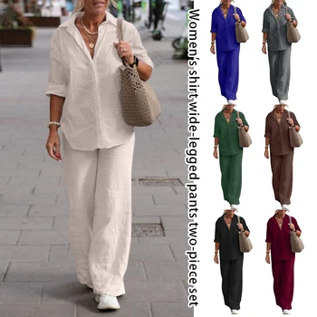 Kvinne Bomull Passer Mote Casual Elegante langermet Skjorte Løse Bukser 2Piece Sett Minimalistisk Street Trend Ladies Dress