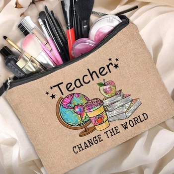 Læreren Gave Lin Veske Kvinner Neceser Makeup Bag Reise Toalettmappe Arrangør Tilbake Til Skolen Cosmetic Bag Reise Arrangør