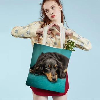 Mini Dachs Hund Kvinner Lerret Lady Tote Veske Gjenbrukbare Dobbeltrom Side Cute Pet Dyr Mønster Skrive Ut Uformell Shopping Bag