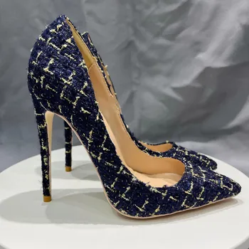 NoEnName_Null-navy blå stoff kvinnelige pekte toe stiletto pumper damer bryllup damer sko 8cm 10cm 12cm høy hæl størrelse 33-45