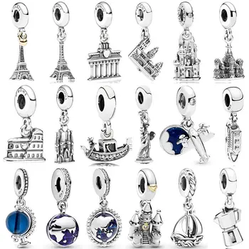 Nye 925 Sterling Sølv Sjarm Blå Kloden Eiffeltårnet Venezia Gondol Kongelig Slott Perle Anheng Passer Populære Armbånd DIY Smykker