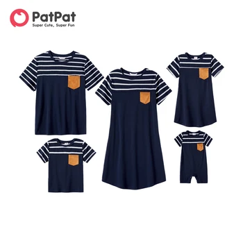 PatPat Familie Matchende Stripete Skjøtes Kjoler og Short-sleeve T-skjorter Sett