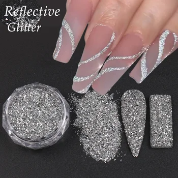 Reflekterende Glitter Pulver For Nail Art Holografisk Sølv Krystall Diamond Sparkly Chrome Pigment Støv Manikyr Dekorasjon BES52