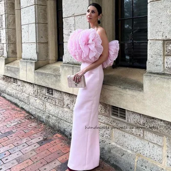Rosa Mermaid Kvelden Kjoler Folder Ruched Tyll Stroppløs Kvinner Feire Begivenheten Dress Lang Satin Dubai Prom Party Dress 2023