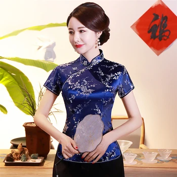 Topper 4XL navy blå Vintage Blomst Kvinner Tradisjonell Kinesisk Satin Bluse Sommer Sexy Skjorte Dragon Klær