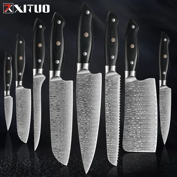 XITUO Rustfritt Stål Kjøkken Kniver Sett 1-8pcs 5CR15 440C Laser Damaskus Japansk Santoku Cleaver Kutting Utility Chef Kniv