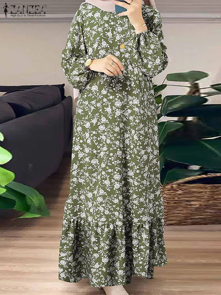 Vintage med Blomster Trykt Muslimske Kjole Kvinner Lang Ermet Ruffles Maxi Sundress ZANZEA Kappe Femme Dubai Tyrkia Abaya Hijab Kjole0