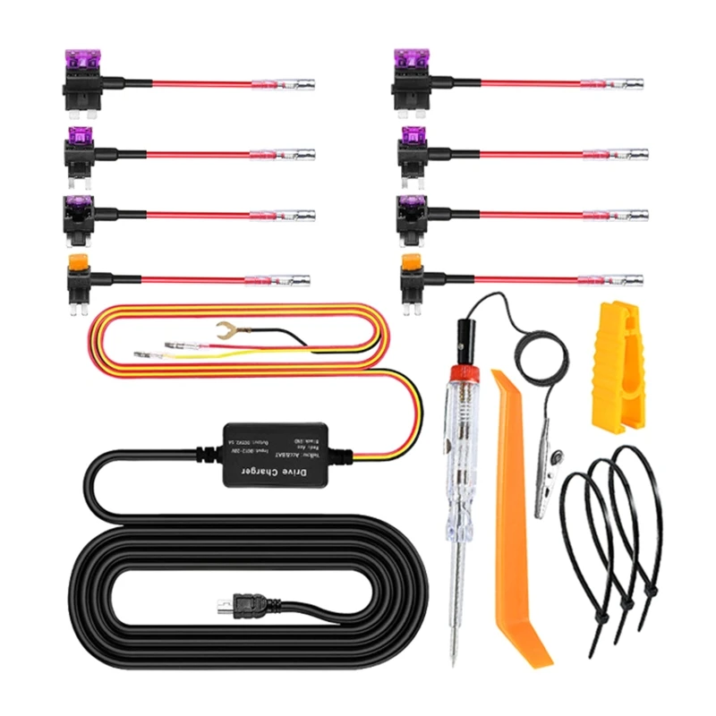 Dashcam Hard Wire Kit, Mini-USB Hard Wire Kit Sikring for Dashcam 12V-24V til 5V Bil Dashcam Kameraet Lader Strømkabel0