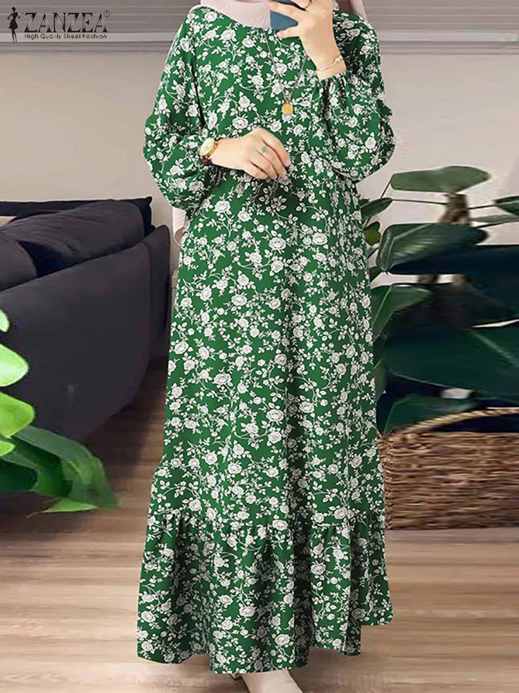 Vintage med Blomster Trykt Muslimske Kjole Kvinner Lang Ermet Ruffles Maxi Sundress ZANZEA Kappe Femme Dubai Tyrkia Abaya Hijab Kjole1