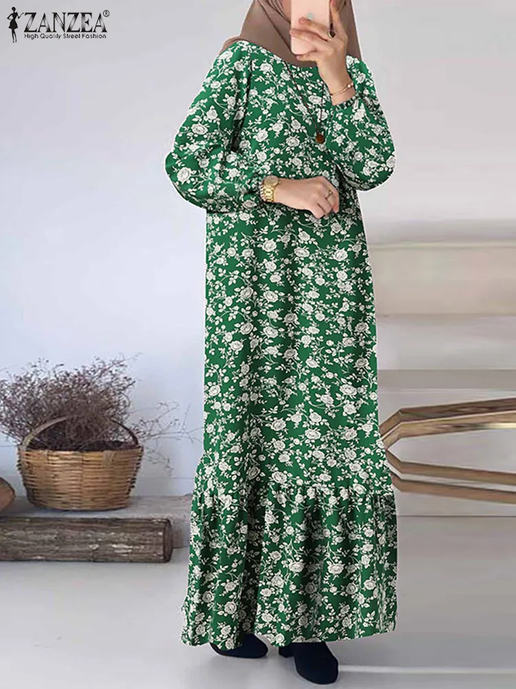 Vintage med Blomster Trykt Muslimske Kjole Kvinner Lang Ermet Ruffles Maxi Sundress ZANZEA Kappe Femme Dubai Tyrkia Abaya Hijab Kjole2