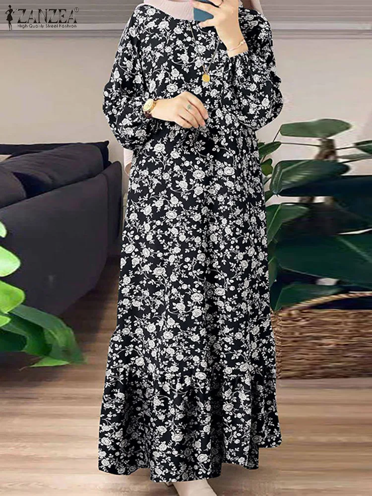 Vintage med Blomster Trykt Muslimske Kjole Kvinner Lang Ermet Ruffles Maxi Sundress ZANZEA Kappe Femme Dubai Tyrkia Abaya Hijab Kjole3